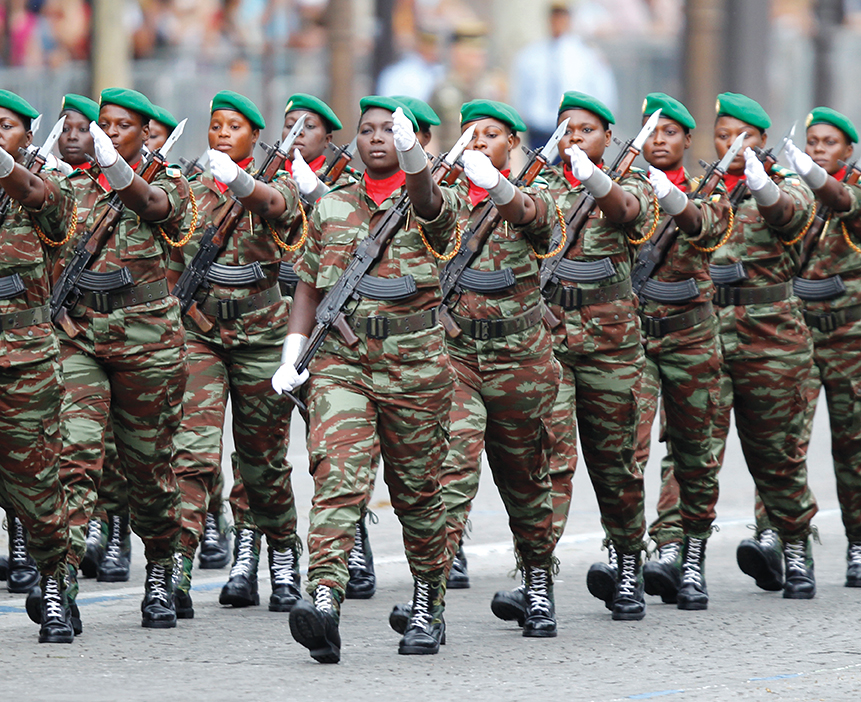 A Beninois female Army regiment known as the Le Benin Amazone marches on the Champs Elysees during the annual Bastille Day parade in Paris on July 14, 2010. 