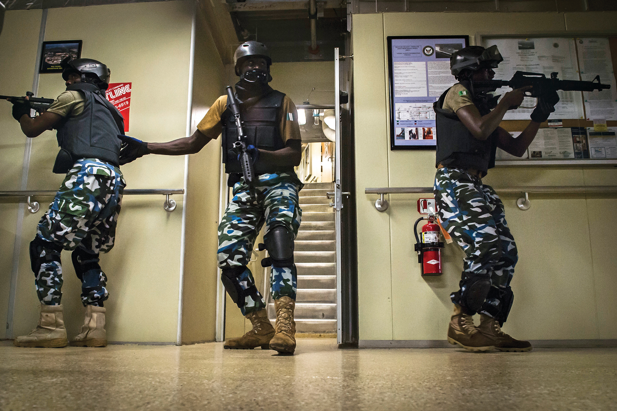 Nigerian forces conduct visit, board, search and seizure training aboard the joint high-speed vessel USNS Spearhead during Obangame Express 2015 on March 20. PETTY OFFICER 2ND CLASS KENAN O’CONNOR/U.S. NAVY